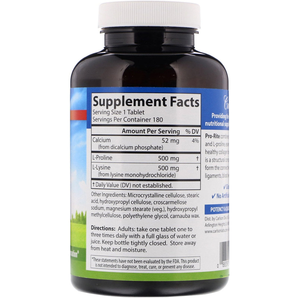 Carlson Labs, Pro-Rite, Free-Form L-Proline & L-Lysine, 180 Tablets