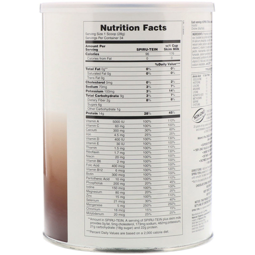 Nature's Plus, Spiru-Tein, High Protein Energy Meal, Chokolade, 2,1 lbs. (952 g)