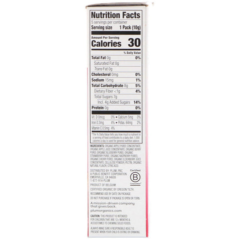 Plum s, Tots, bocadillos de frutas blandas Teensy, bayas, 12 meses o más, 5 paquetes, 0,35 oz (10 g) cada uno