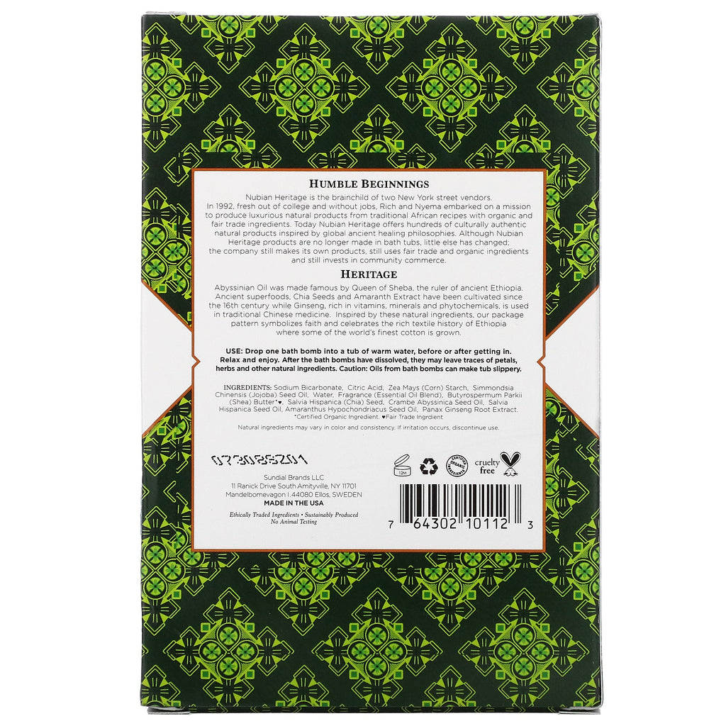 Nubian Heritage, Abyssinian Oil &amp; Chia Frø, Badebomber, 6 Badebomber, 1,6 oz (45 g) hver