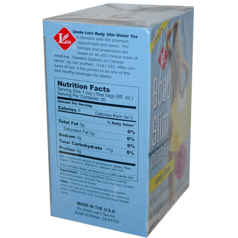 Uncle Lee's Tea, Té Body Slim Dieter, sin cafeína, sabor a limón, 30 bolsitas de té, 2,12 oz (60 g)