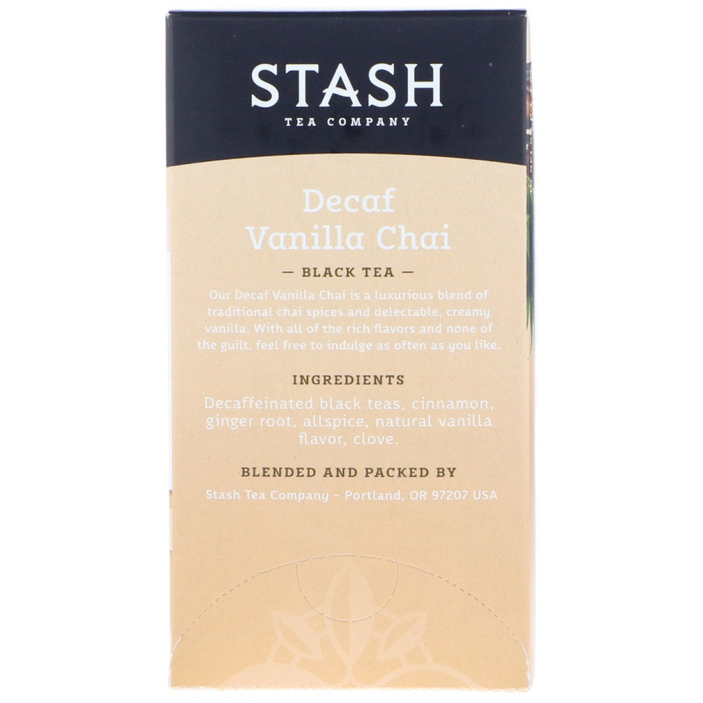 Stash Tea, té negro, chai de vainilla descafeinado, 18 bolsitas de té, 36 g (1,2 oz)