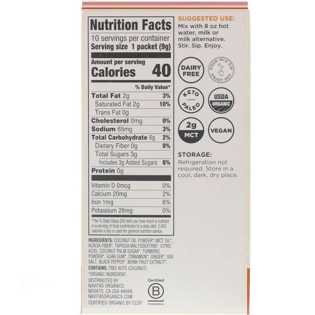 Navitas s, Latte Superfood Drink Mix, Turmeric, 10 Packets, 0.31 oz (9 g) Each