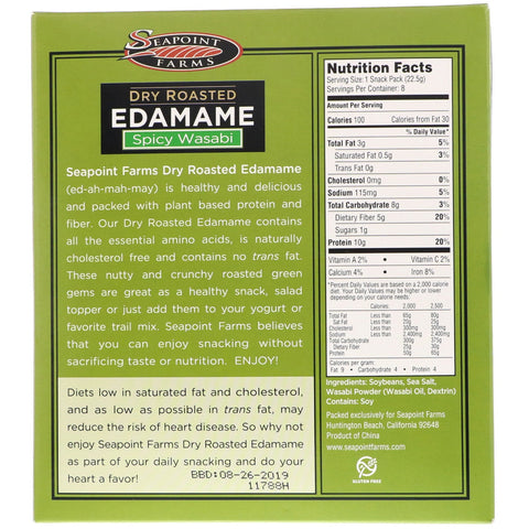 Seapoint Farms, Edamame tostado seco, wasabi picante, 8 paquetes de refrigerios, 22,5 g (0,79 oz) cada uno