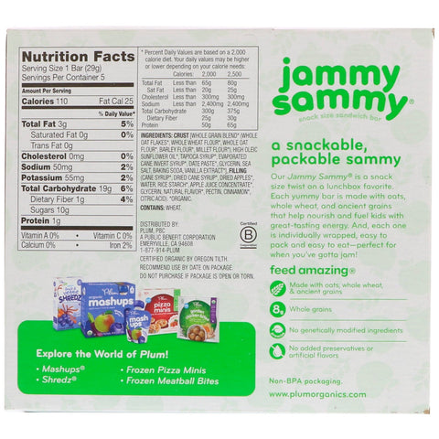 Plum s, Jammy Sammy, Apple Cinnamon & Oatmeal, 5 Bars, 1.02 oz (29 g) Each