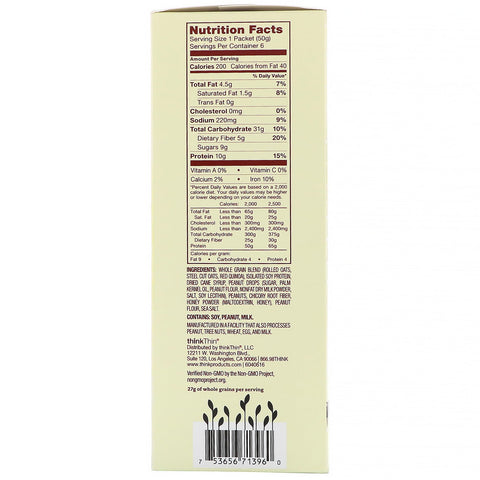 ThinkThin, Protein & Fiber Hot Oatmeal, Honey Peanut Butter, 6 Packets, 1.76 oz (50 g ) Each