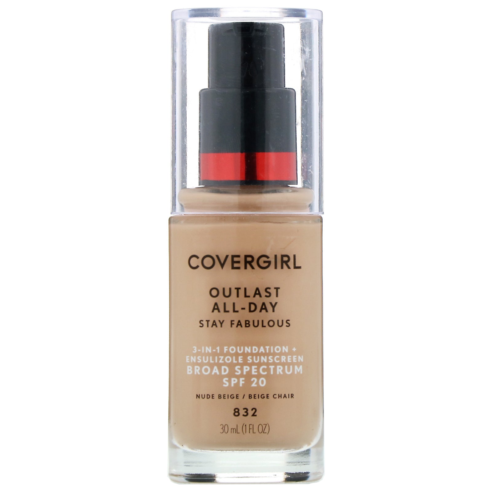 Covergirl, Outlast All-Day Stay Fabulous, 3-in-1 Foundation, 832 Nude Beige, 1 fl oz (30 ml)