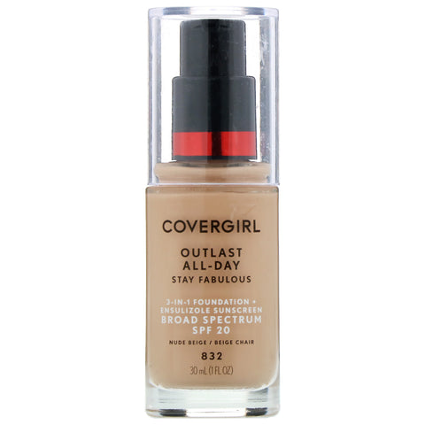 Covergirl, Outlast All-Day Stay Fabulous, 3-in-1 Foundation, 832 Nude Beige, 1 fl oz (30 ml)