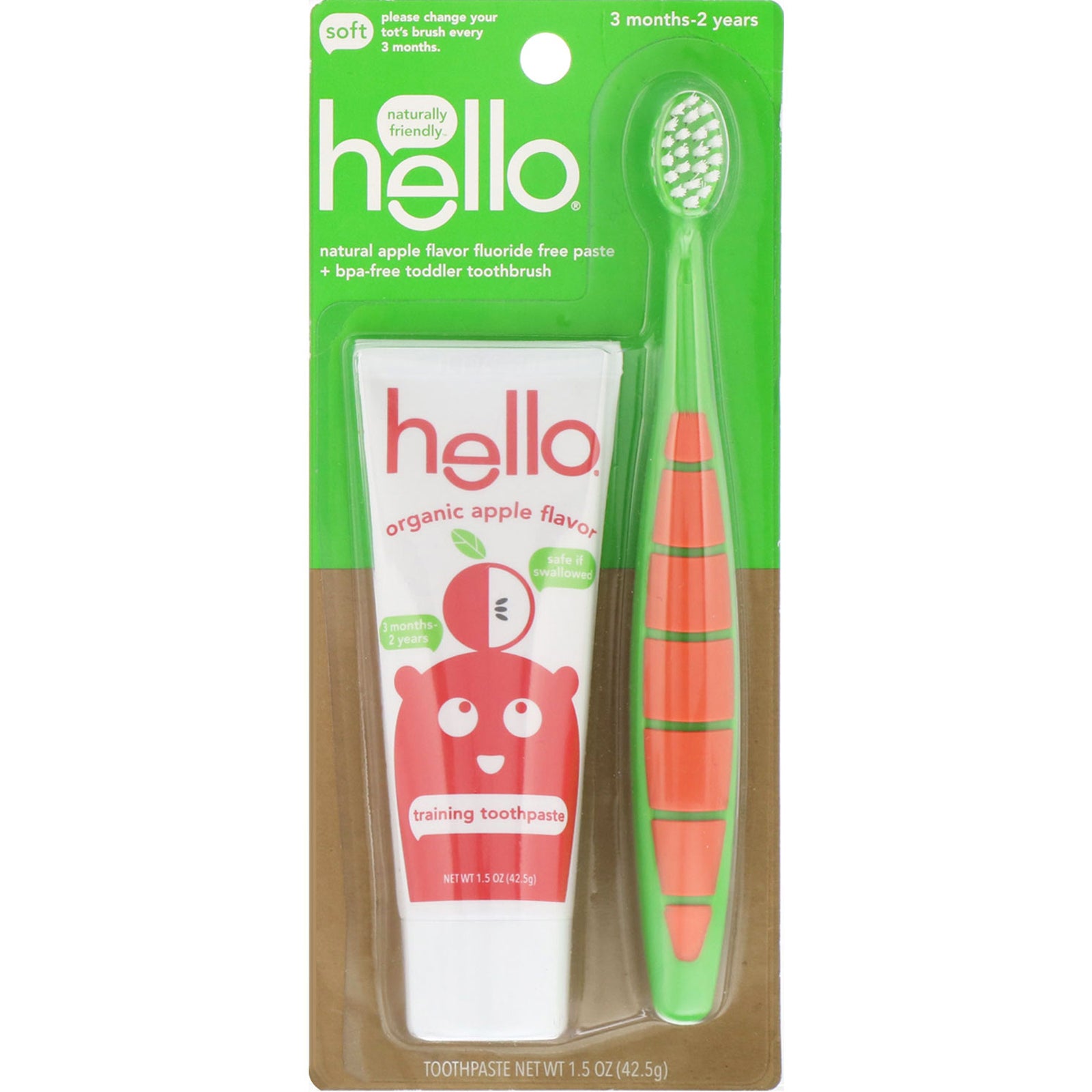 Hello, Natural Apple Flavor Fluoride Free Paste + BPA-Free Toddler Toothbrush, 1.5 oz (42.5 g)
