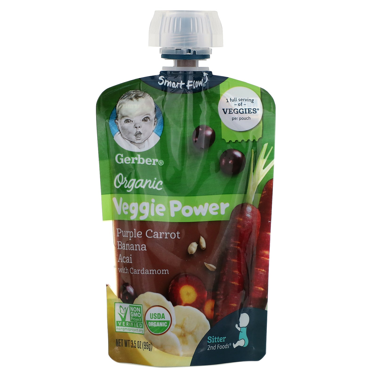 Gerber, Smart Flow, Organic, Veggie Power, Purple Carrot, Banana, Acai with Cardamom, 3.5 oz (99 g)