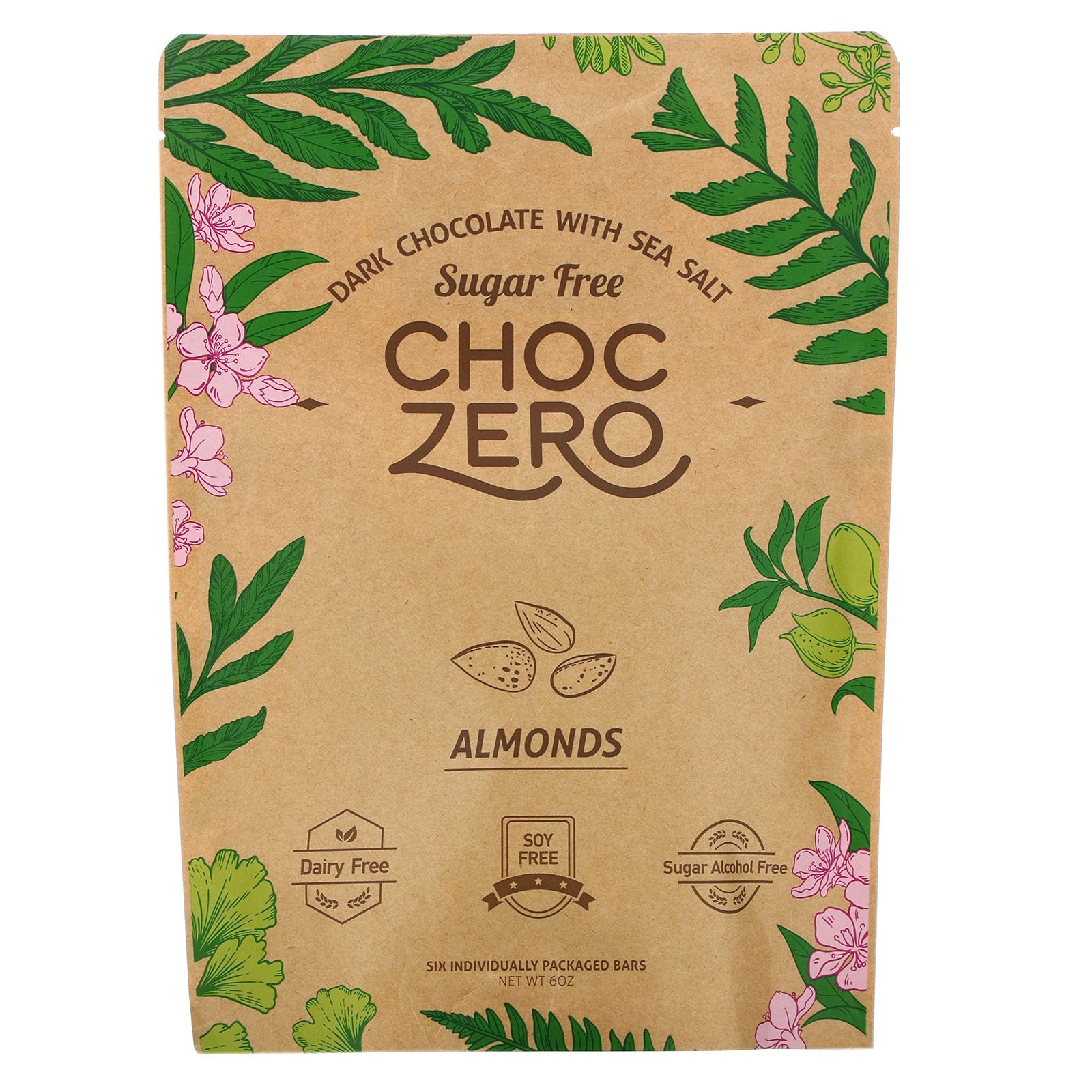 ChocZero, Dark Chocolate with Sea Salt, Almonds, Sugar Free,  6 Bars, 1 oz Each