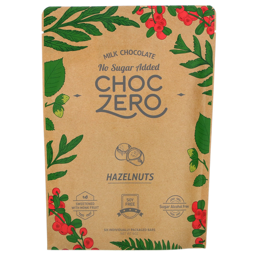 ChocZero, Milk Chocolate, Hazelnuts, No Sugar Added,  6 Bars, 1 oz Each