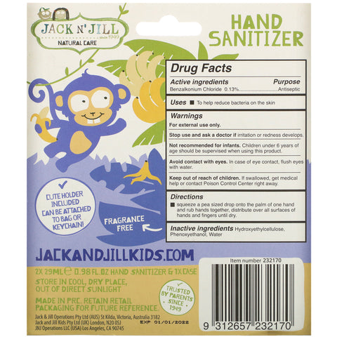 Jack n' Jill, Hand Sanitizer, Monkey, 2 Pack, 0.98 fl oz (29 ml) Each and 1 Case