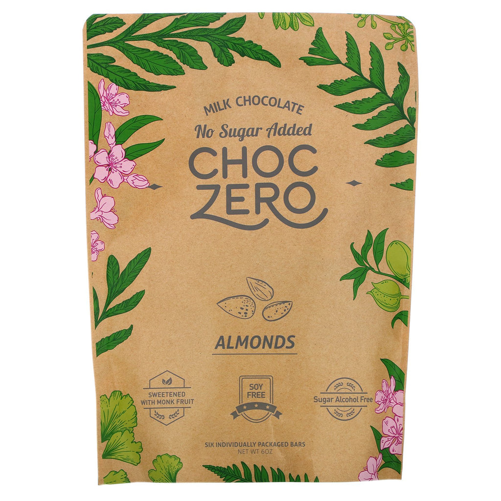ChocZero, Milk Chocolate, Almonds, No Sugar Added, 6 Bars, 1 oz Each