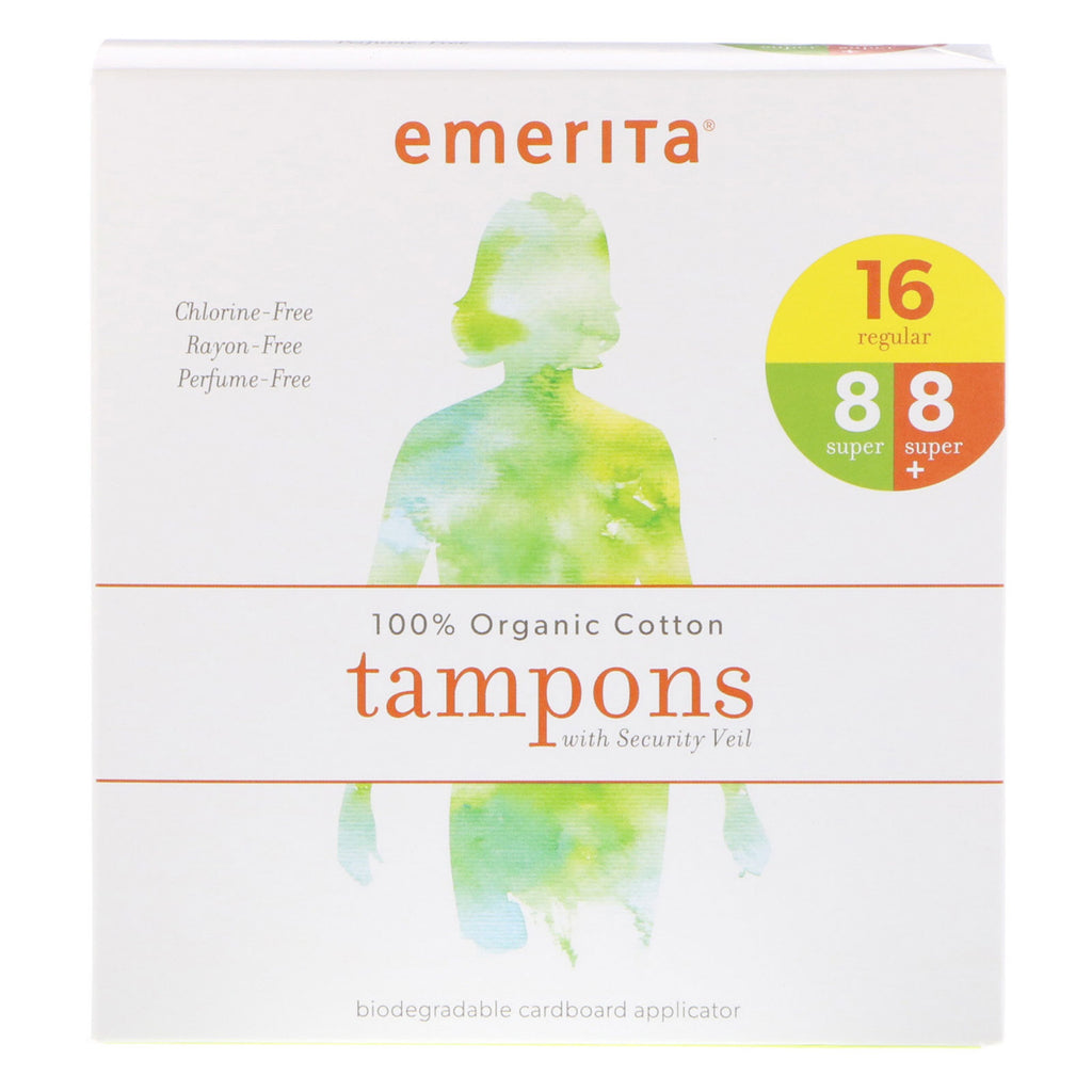 Emerita, 100% Organic Cotton Tampons with Security Veil, Multipack, 32 Tampons