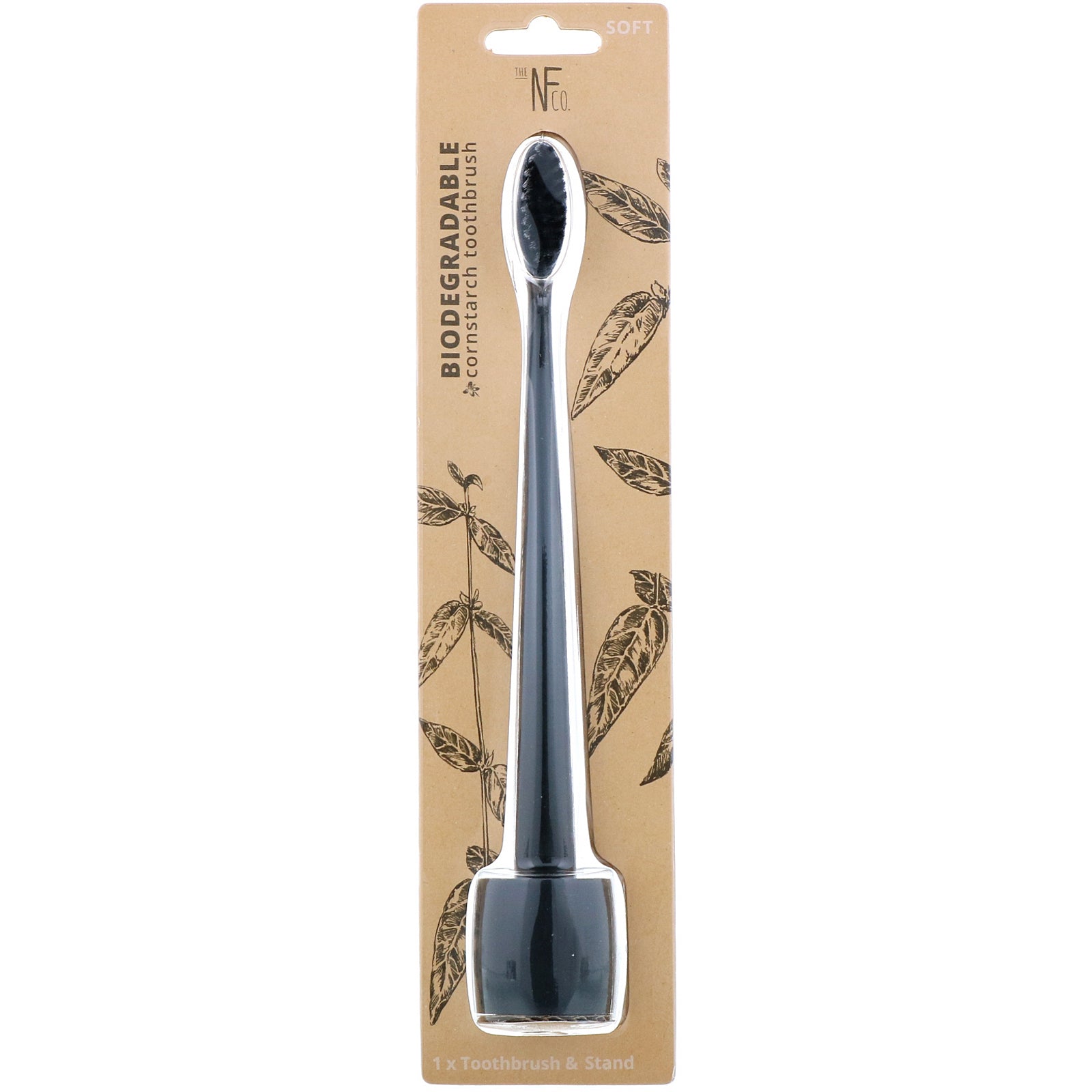 The Natural Family Co., Biodegradable Cornstarch Toothbrush, Pirate Black, Soft, 1 Toothbrush & Stand