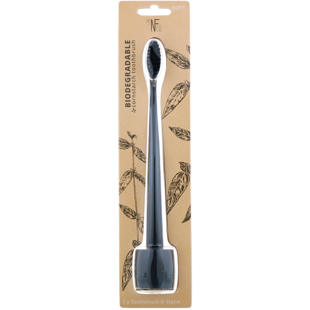 The Natural Family Co., Biodegradable Cornstarch Toothbrush, Pirate Black, Soft, 1 Toothbrush & Stand