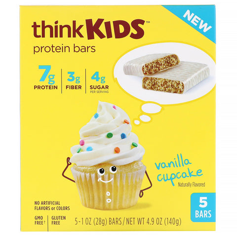 ThinkThin, ThinkKids, Protein Bars, Vanilla Cupcake, 5 Bars, 1 oz (28 g ) Each
