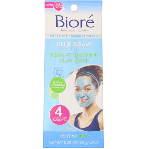 Biore, Instant Warming Clay Mask, Blue Agave + Baking Soda, 4 Single Use Packs, 0.25 oz (7.0 g) Each