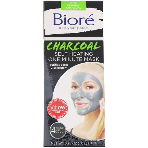 Biore, Self Heating One Minute Mask, Charcoal, 4 Single Use Packs, 0.25 oz (7.0 g) Each