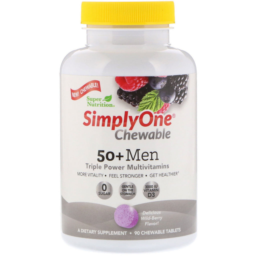 Super Nutrition, SimplyOne, 50+ Men Triple Power Multivitamin, Wild-Berry Flavor, 90 Chewable Tablets