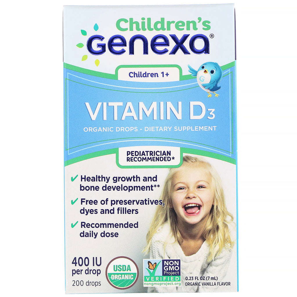 Genexa, Children's Vitamin D3, Children 1+, Organic Vanilla Flavor,  400 IU, 0.23 fl oz (7 ml)