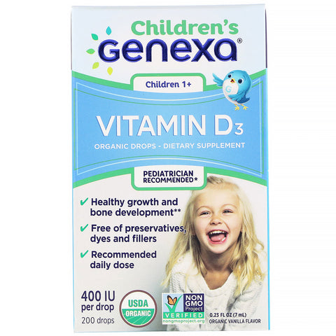 Genexa, Children's Vitamin D3, Children 1+, Organic Vanilla Flavor,  400 IU, 0.23 fl oz (7 ml)