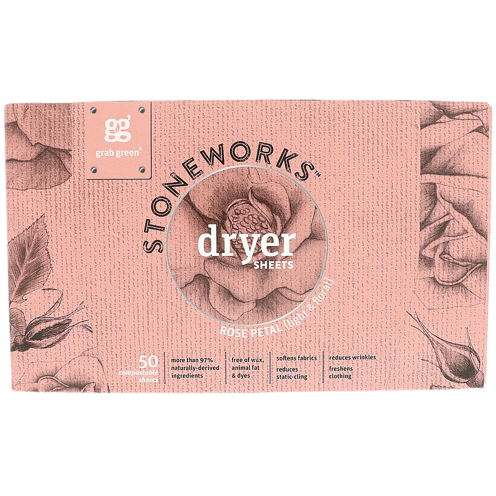 Grab Green, Stoneworks, Dryer Sheets, Rose Petal, 50 Sheets