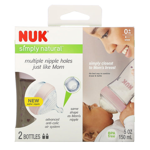 NUK, Simply Natural Baby Bottles, Slow Flow, 0 + Months, 2 Bottles, 5 oz (150 ml)
