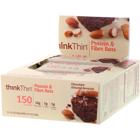 ThinkThin, Protein & Fiber Bars, Chocolate Almond Brownie, 10 Bars, 1.41 oz (40 g) Each