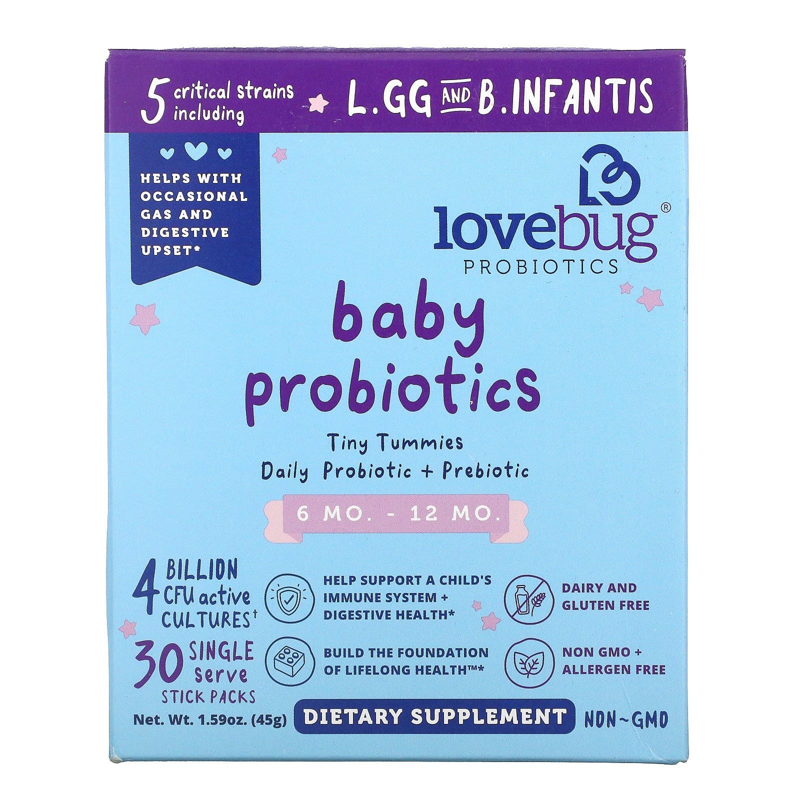 LoveBug, Baby Probiotics, Tiny Tummies Daily Probiotic + Prebiotic, 6-12 Mo., 4 Billion CFU, 30 Single Stick Packs, 0.05 oz (1.5 g)