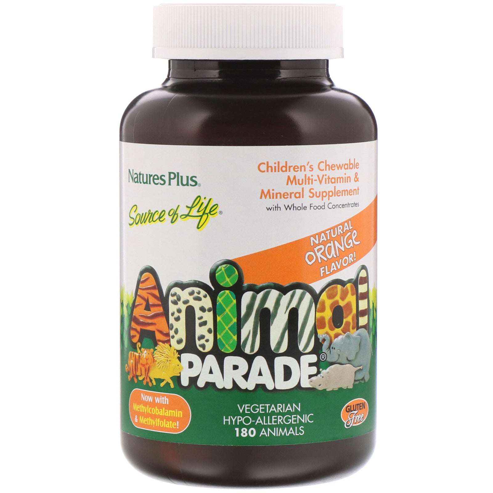 Nature's Plus, Source of Life, Animal Parade, Children's Chewable Multi-Vitamin and Mineral Supplement, Natural Orange Flavor, 180 Animals