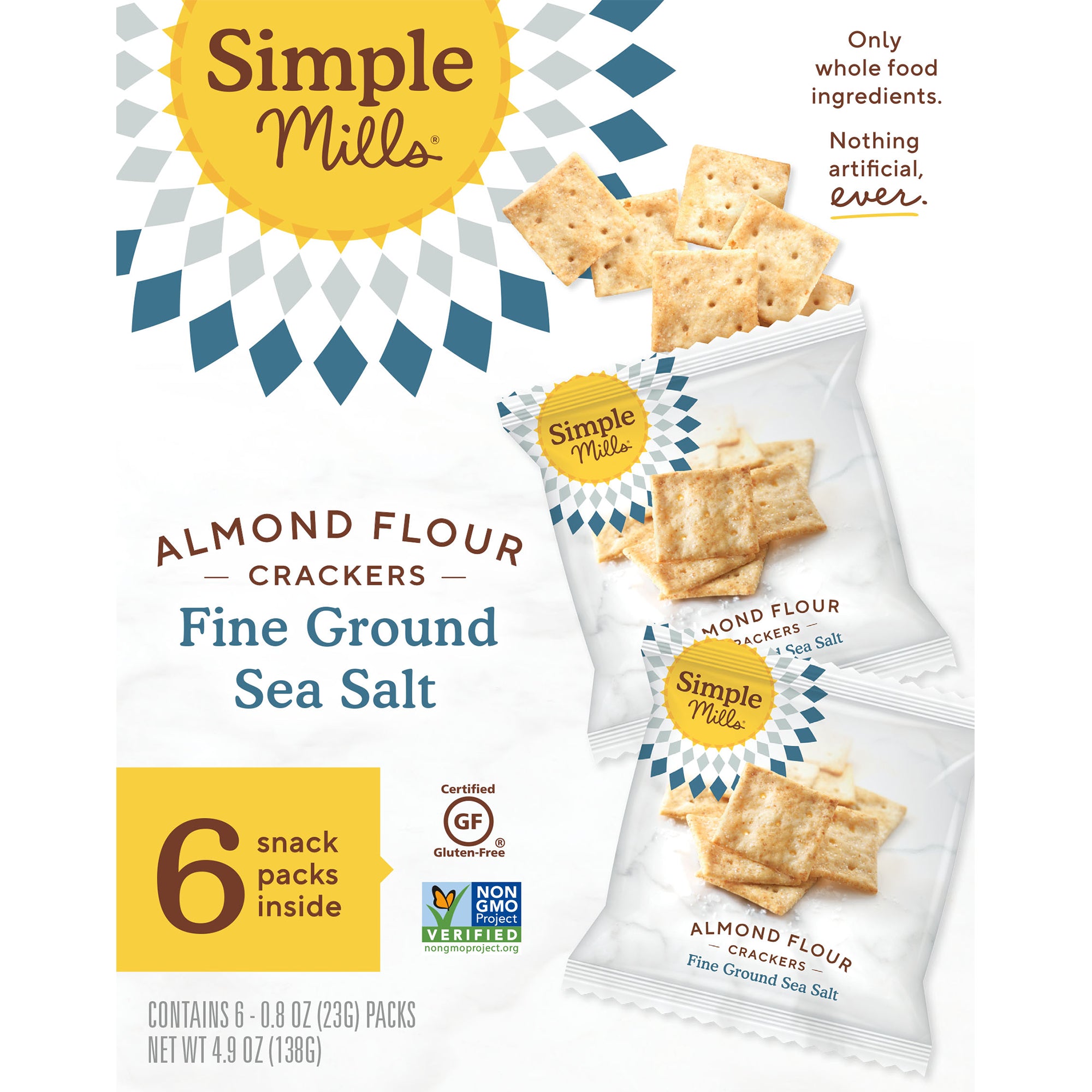 Simple Mills, Naturally Gluten-Free, Almond Flour Crackers, Fine Ground Sea Salt, 6 Packs, 0.8 oz (23 g) Each