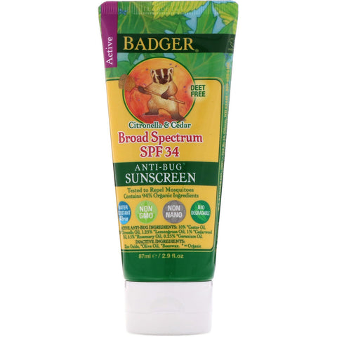 Badger Company, Anti-Bug Sunscreen, SPF 34 PA+++, Citronella & Cedar, 2.9 fl oz (87 ml)