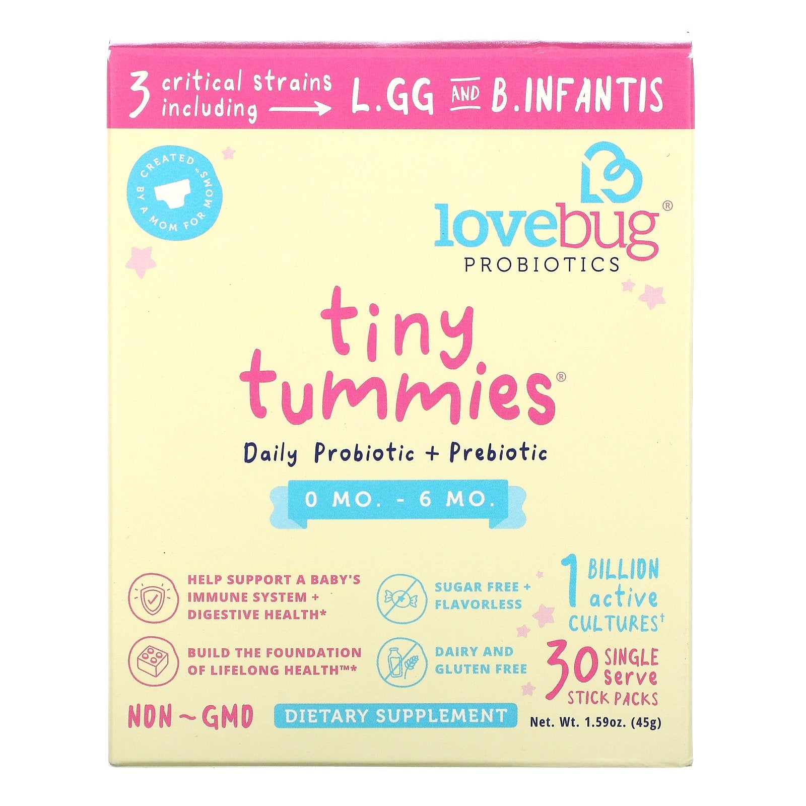 LoveBug, Tiny Tummies, Daily Probiotic + Prebiotic, 0-6 Mo., 1 Billion CFU, 30 Single Stick Packs, 0.05 oz (1.5 g) Each
