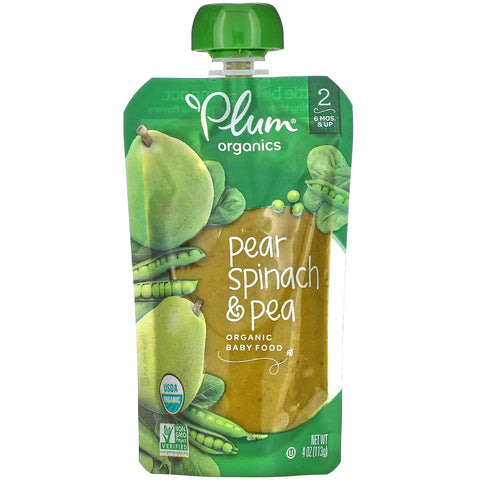 Plum Organics, Organic Baby Food, Stage 2, Pear, Spinach & Pea, 4 oz (113 g)