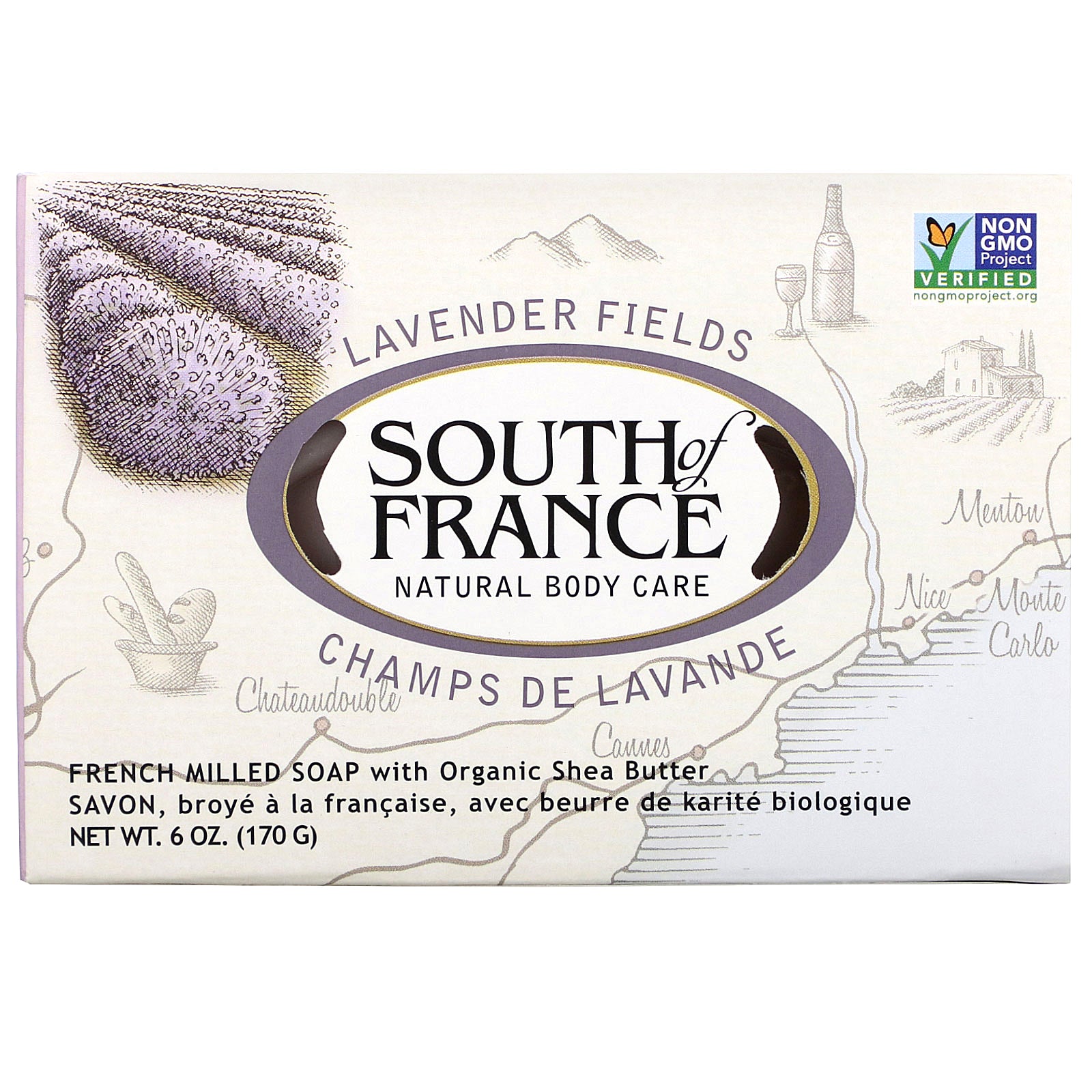 South of France, Lavender Fields, French Milled Soap with Organic Shea Butter, 6 oz (170 g)