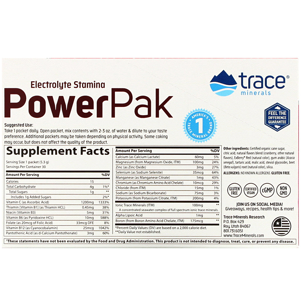 Trace Minerals Research, Electrolyte Stamina PowerPak, Cranberry, 30 Packets, 0.19 oz (5.3 g) Each