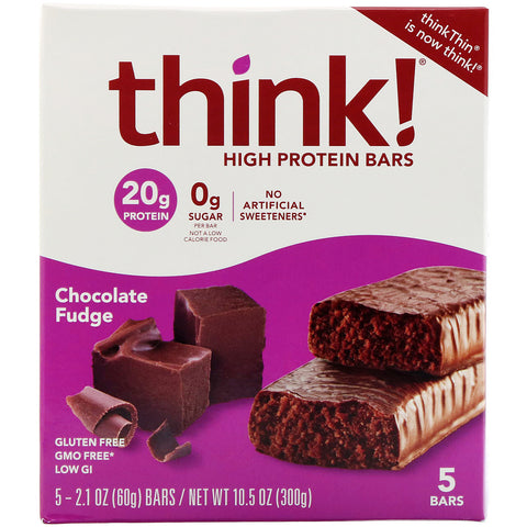 ThinkThin, High Protein Bars, Chocolate Fudge, 5 Bars, 2.1 oz (60 g) Each