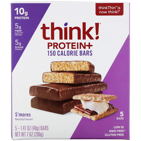 ThinkThin, Protein+ 150 Calorie Bars, Smore's, 5 Bars, 1.41 oz (40 g) Each
