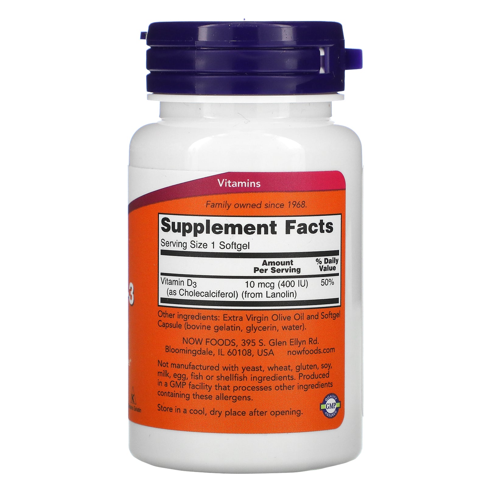 Now Foods, Vitamin D-3, Structural Support, 10 mcg (400 IU), 180 Softgels