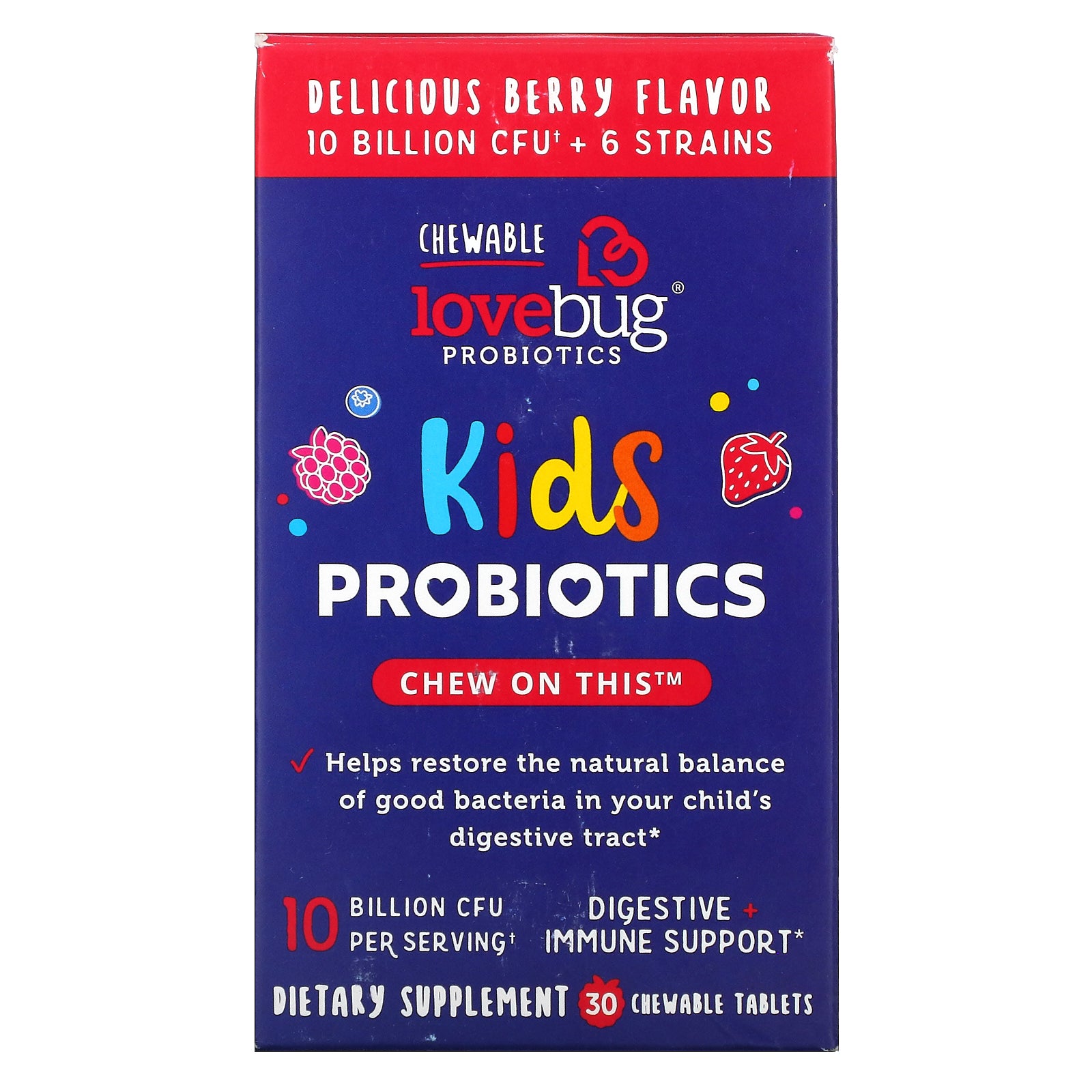 LoveBug, Kids Probiotics,  Delicious Berry, 10 Billion CFU, 30 Chewable Tablets