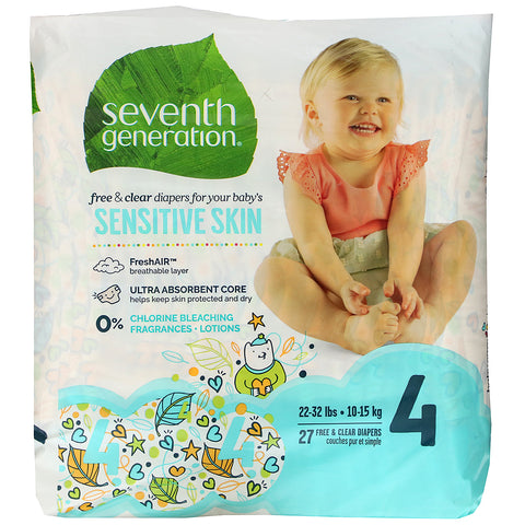Seventh Generation, Free & Clear Diapers, Size 4, 22-32 lbs, 27 Diapers