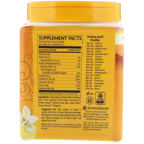 Sunwarrior, Classic Plus Protein,  Plant Based, Vanilla, 13.2 oz (375 g)