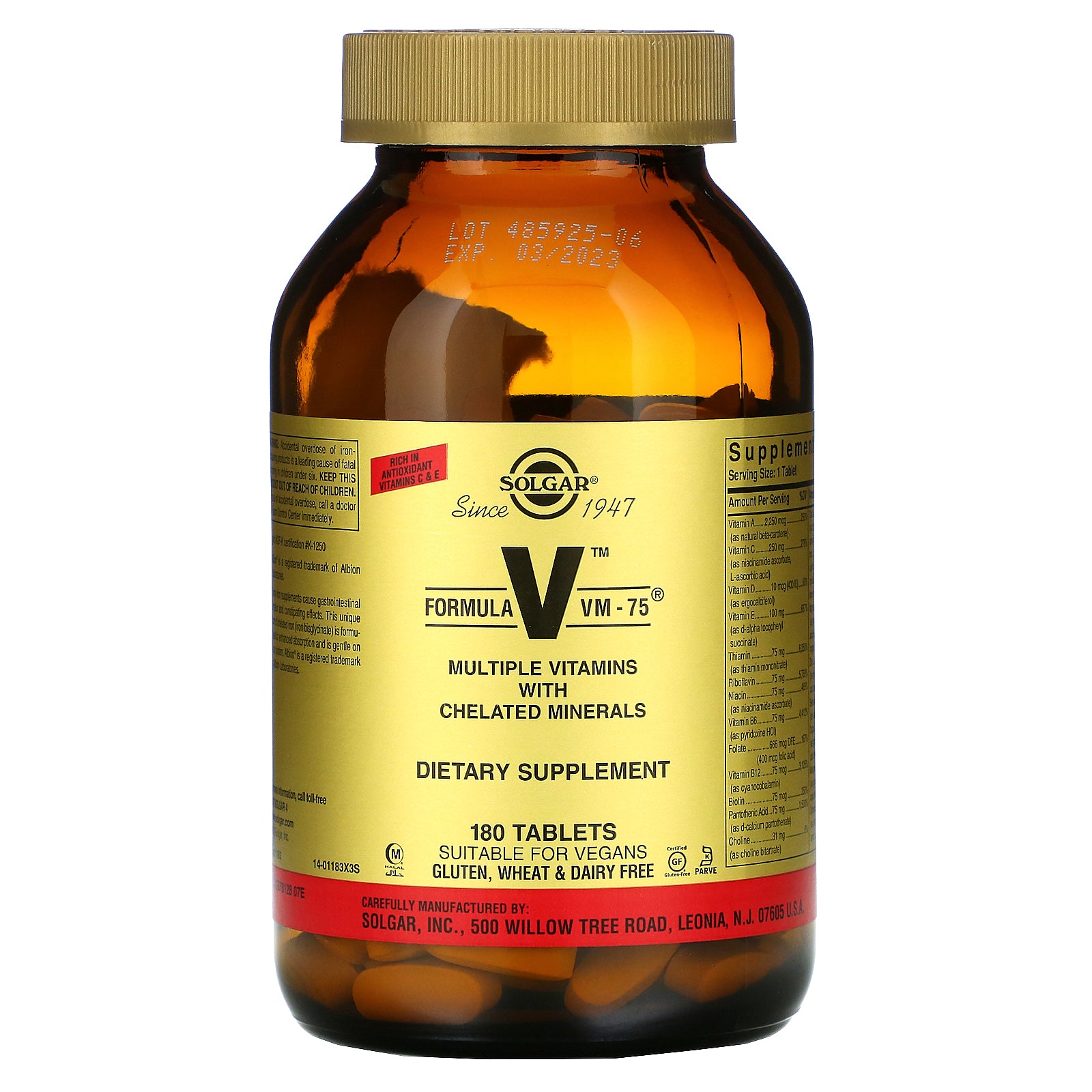Solgar, Formula V, VM-75, Multiple Vitamins with Chelated Minerals, 180 Tablets