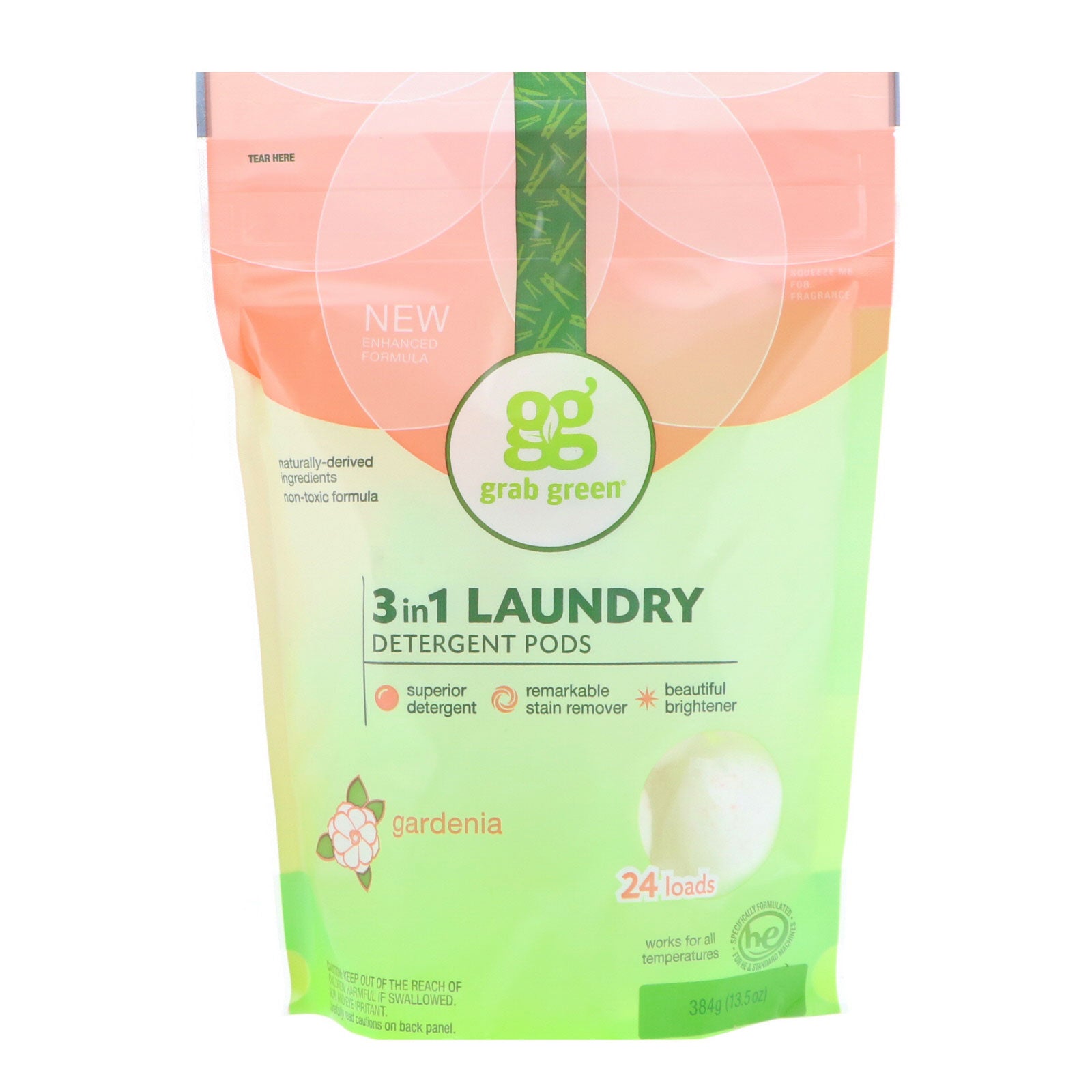 Grab Green, 3-in-1 Laundry Detergent Pods, Gardenia, 24 Loads, 13.5 oz (384 g)