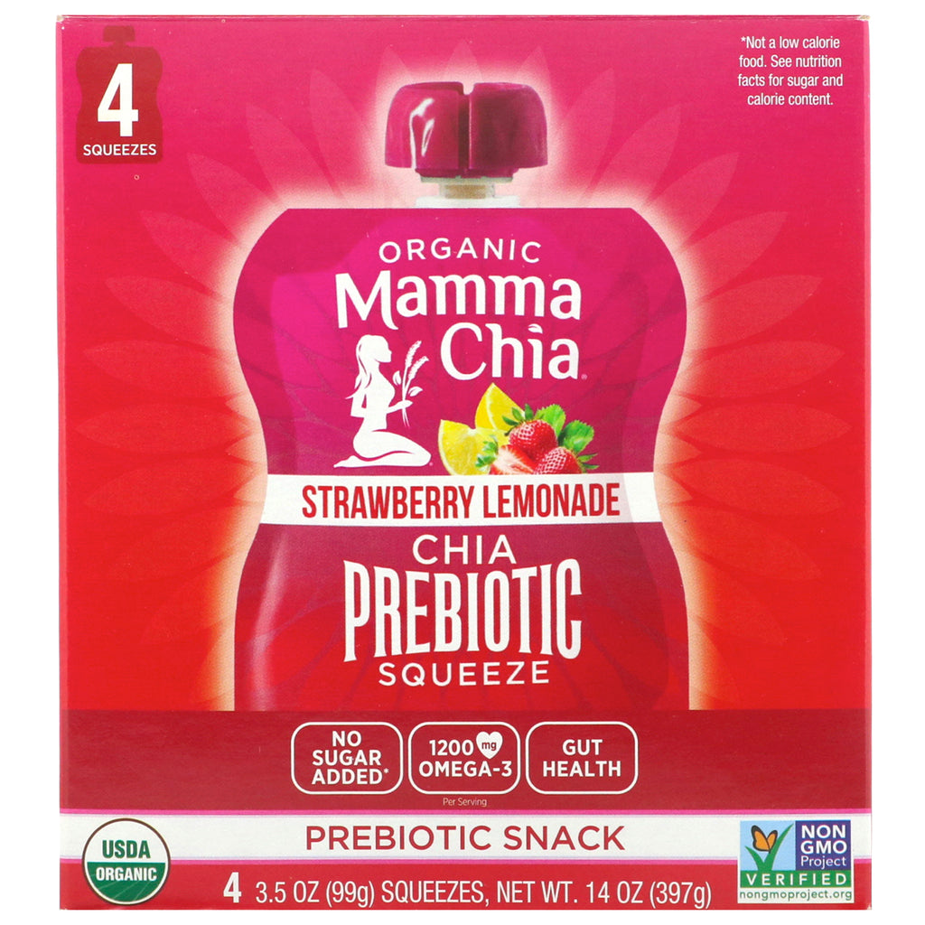 Mamma Chia, Organic Chia Prebiotic Squeeze, Strawberry Lemonade, 4 Pouches, 3.5 oz (99 g) Each