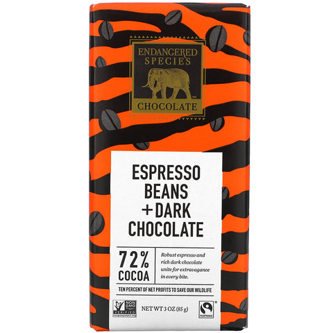 Endangered Species Chocolate, Espresso Beans + Dark Chocolate, 72% Cocoa, 3 oz (85 g)