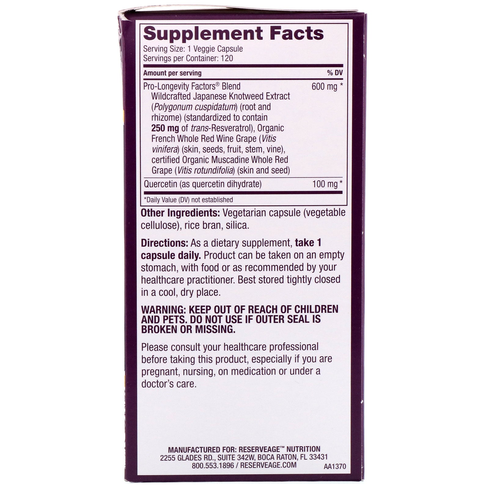 ReserveAge Nutrition, Resveratrol with Active Trans-Resveratrol, 250 mg, 120 Veggie Capsules