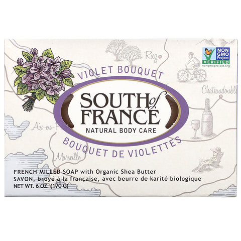 South of France, French Milled Bar Soap with Organic Shea Butter, Violet Bouquet, 6 oz (170 g)